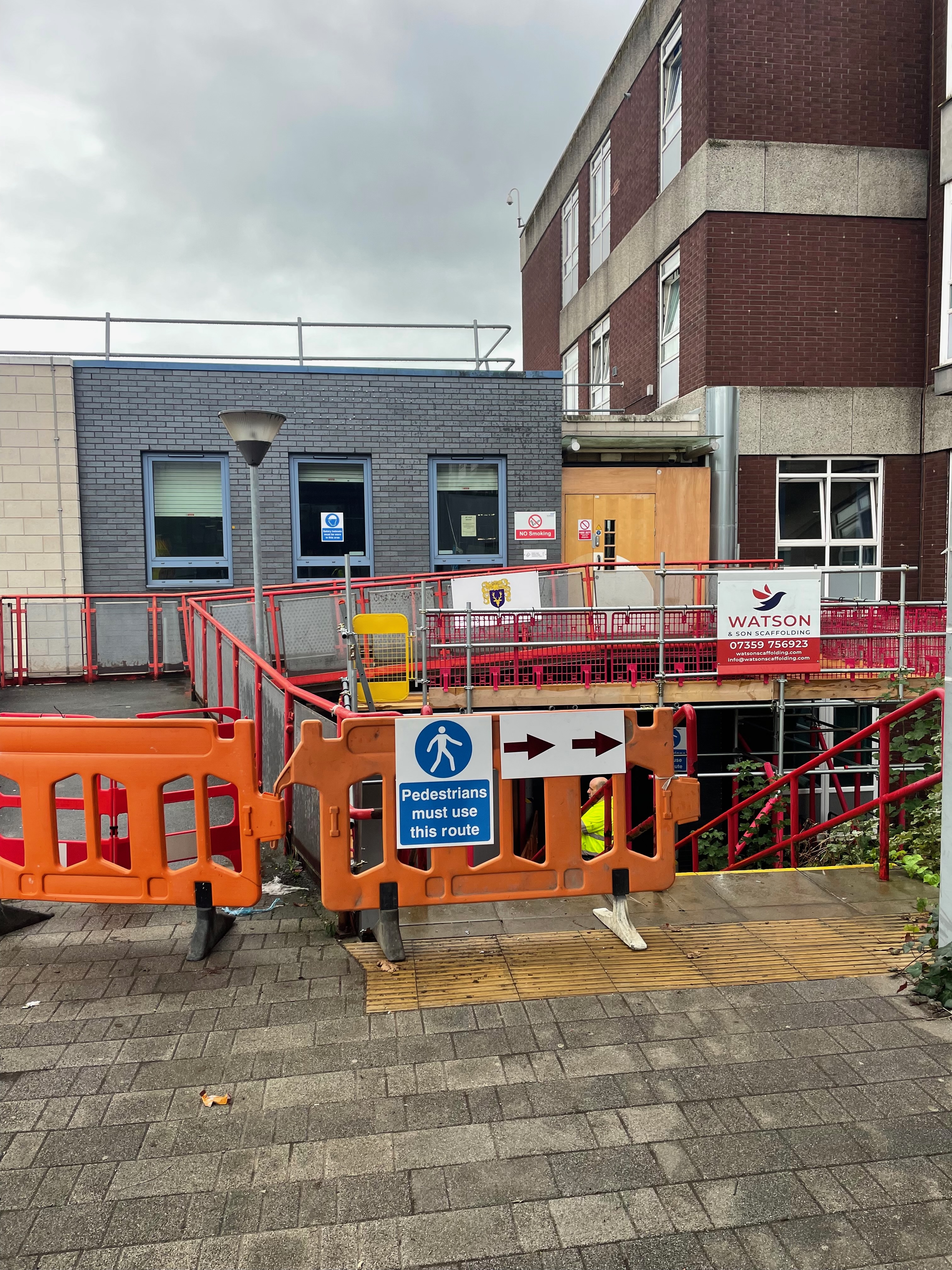 Scaffolding around pedestrian bridge at Rotherham General Hospital